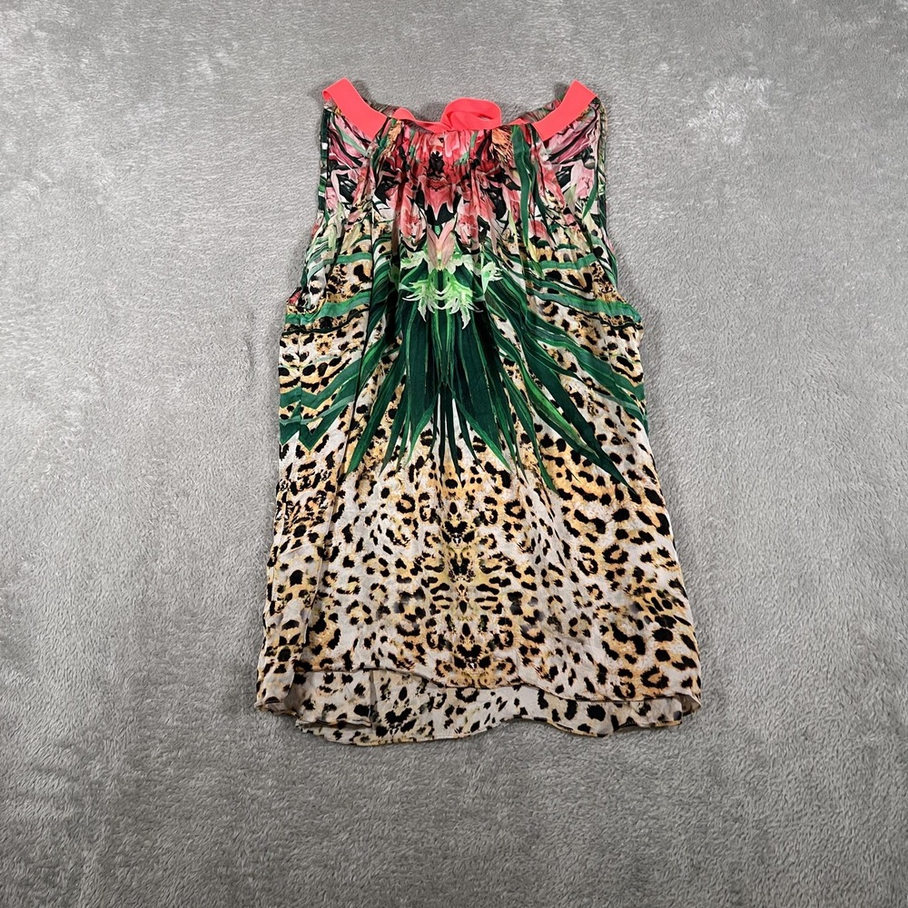 Elie Tahari Blouse Womens Medium Leopard Tropical Floral Halter Tie Back Keyhole